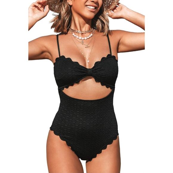 CUPSHE Womens One Piece Swimsuit Black Cutout Scallop Trim Large - Picture 1 of 8